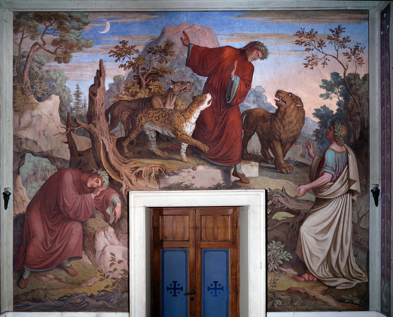 Representasjon av Dante og Virgil, fra Dantes The Divine Comedy - Detail - Fresco av Joseph Anton Koch