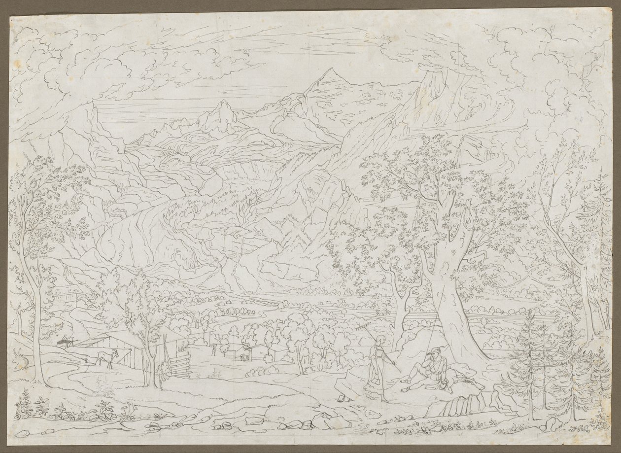 Grindelwaldbreen med jeger og bondepike i forgrunnen, ca. 1823. av Joseph Anton Koch