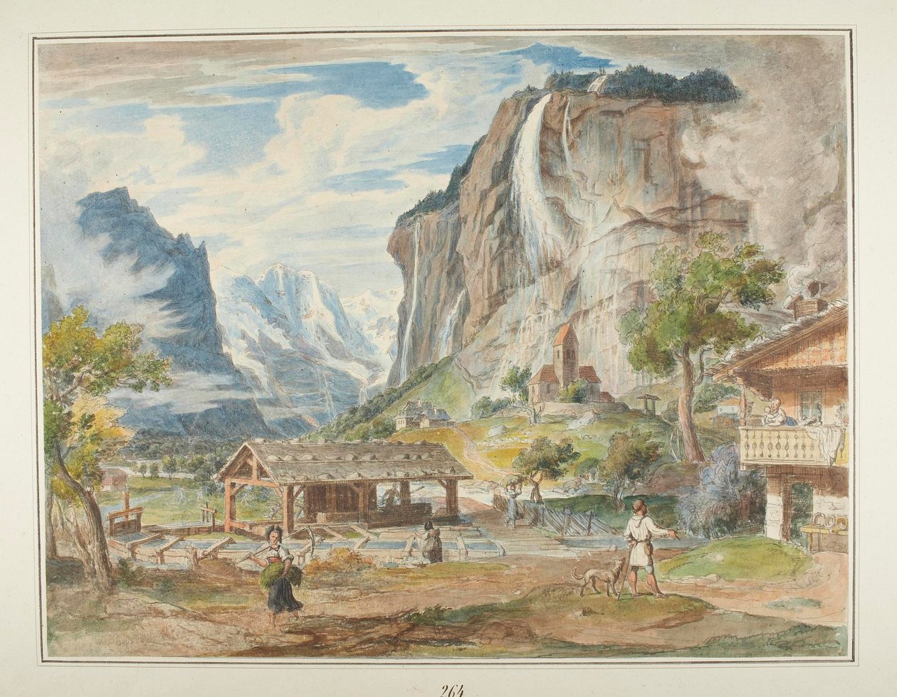 Staubbachfossene og fjellet Jungfrau i Lauterbrunnendalen i Sveits av Joseph Anton Koch