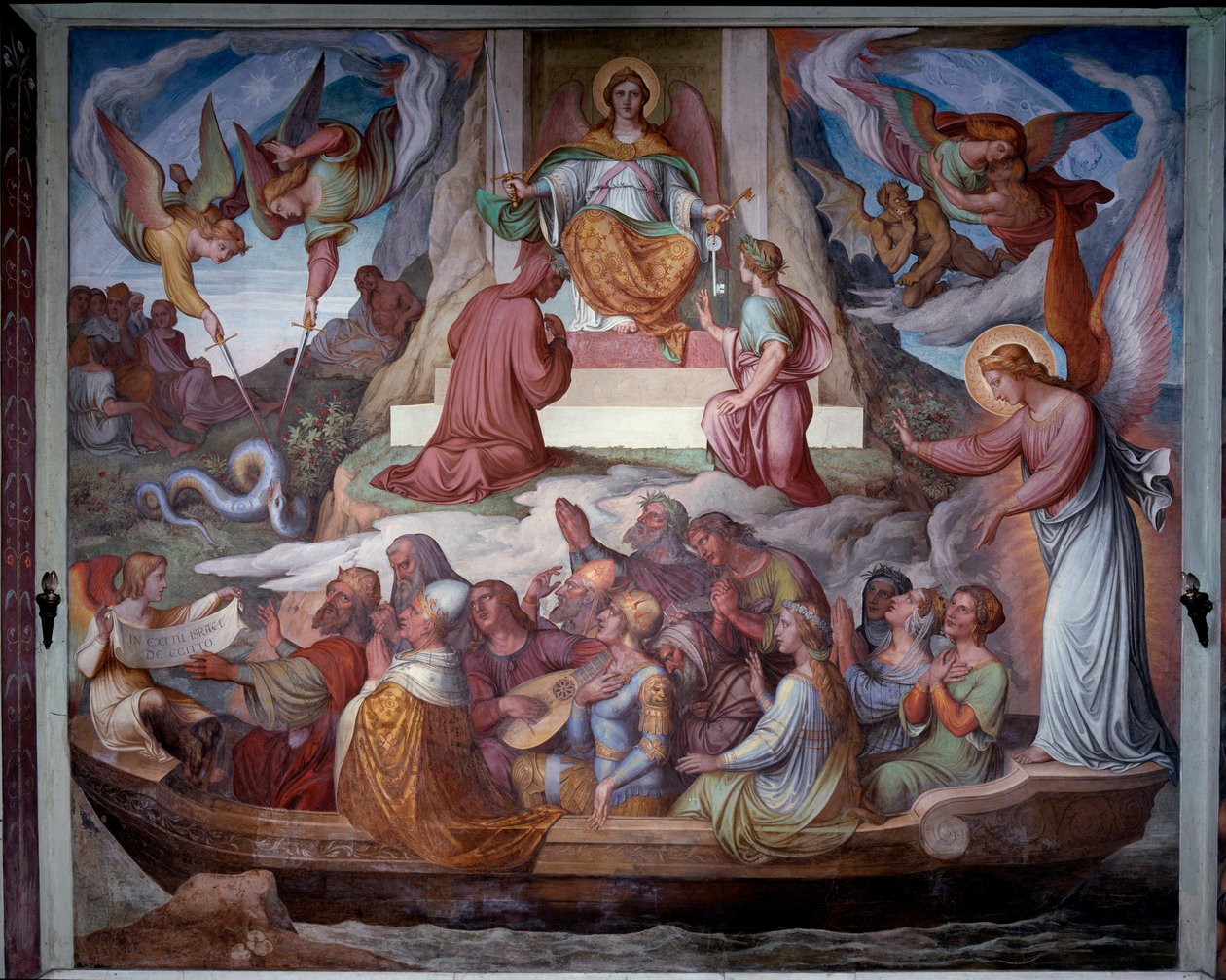 Båten av sjeler og inngangen til Dante og Virgil i fjellet Skjærsilden - Fresco av Joseph Anton Koch