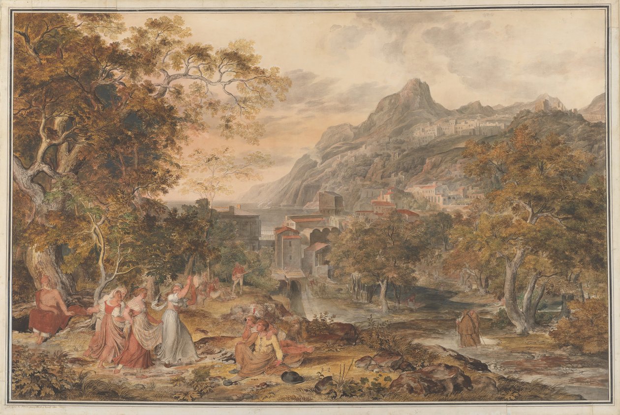 Utsikt over Vietri med unge landkvinner som danser for hyrder i forgrunnen, 1800. av Joseph Anton Koch