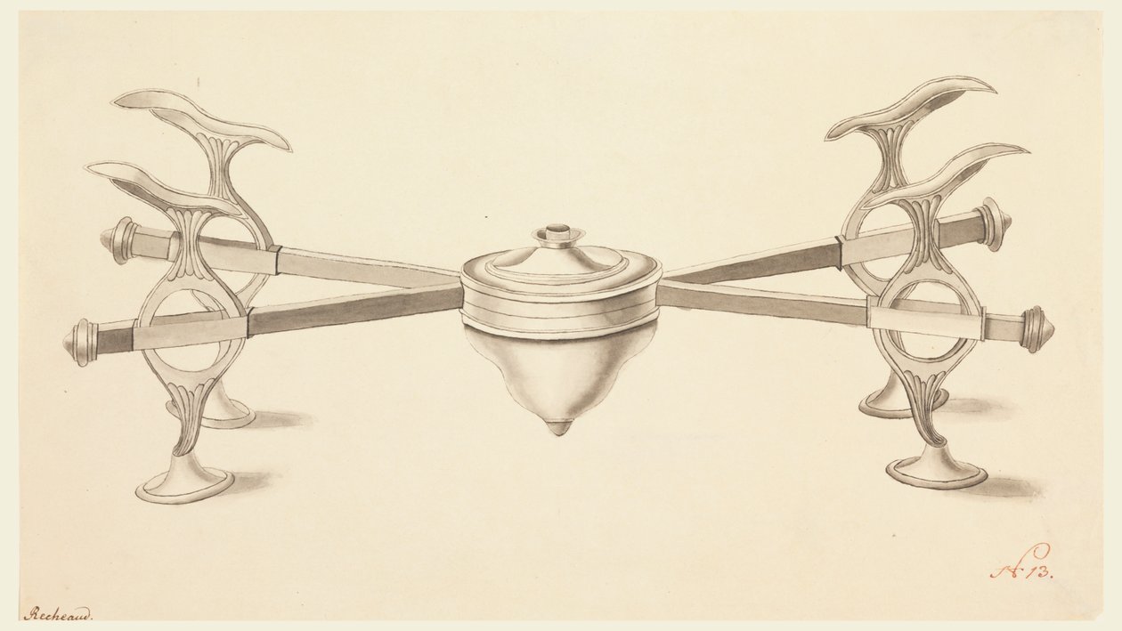 Design for et tallerkenstativ med forlengende armer og en liten spritlampe av Joseph Anton Seethaler Ii