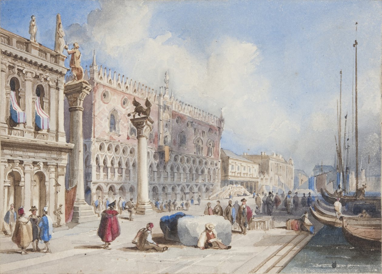 Venezia, limt inn i Thomas Moodys Journal of a tour through Sveits og Italia, 1822 (wc på papir) av Joseph Axe Sleap