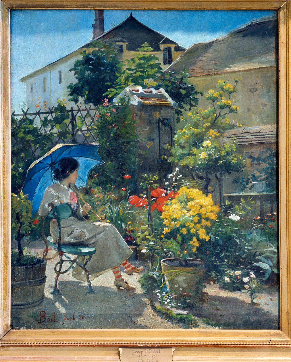 I hagen En ung kvinne med en paraply og omgitt av blomster. Maleri av Joseph Bail (1862-1921) 20. århundre. Lyon, Museum of Fine Arts av Joseph Bail