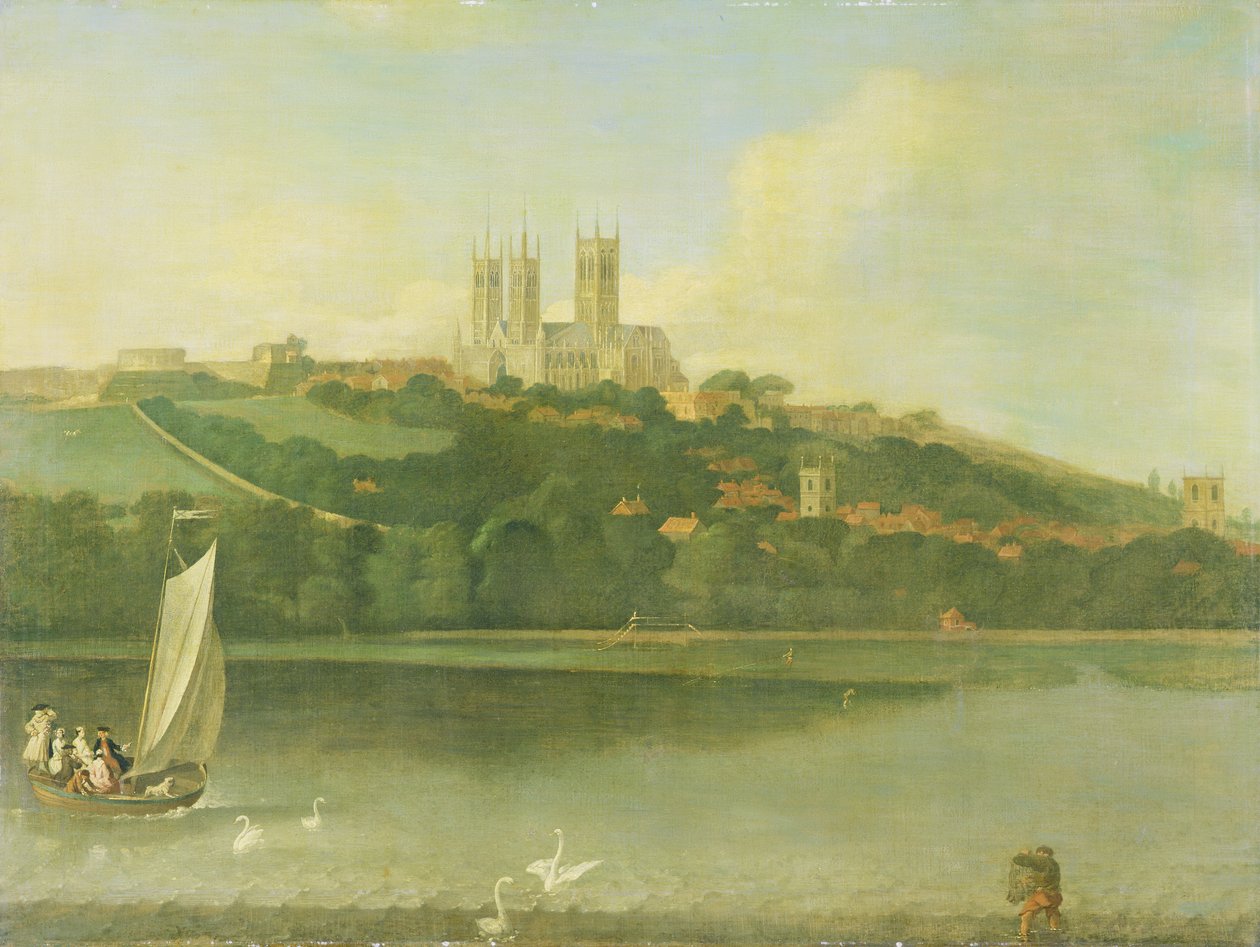 En utsikt over katedralen og byen Lincoln fra elven, ca. 1760 av Joseph Baker