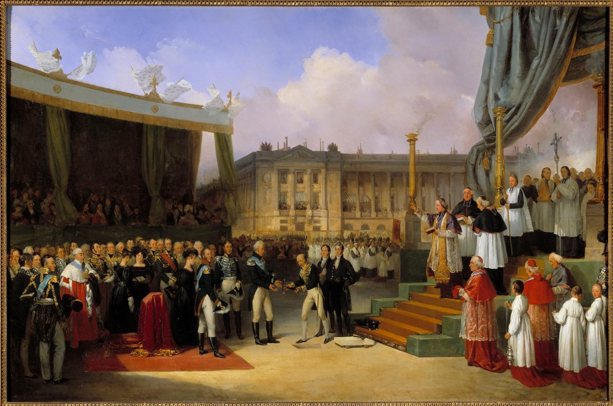 Charles X legger og blør den første steinen i monumentet til minne om Ludvig XVI 3. mai av Joseph Beaume