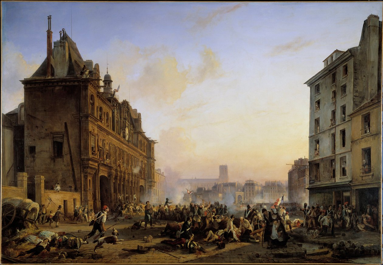 Les Trois Glorieuses (27., 28. og 29. juli): "" Attack of the Paris City Hall on 28/07/1830"" Maleri av Joseph Beaume (1796-1885) 1831 Søn. 1,45x2,1 m av Joseph Beaume
