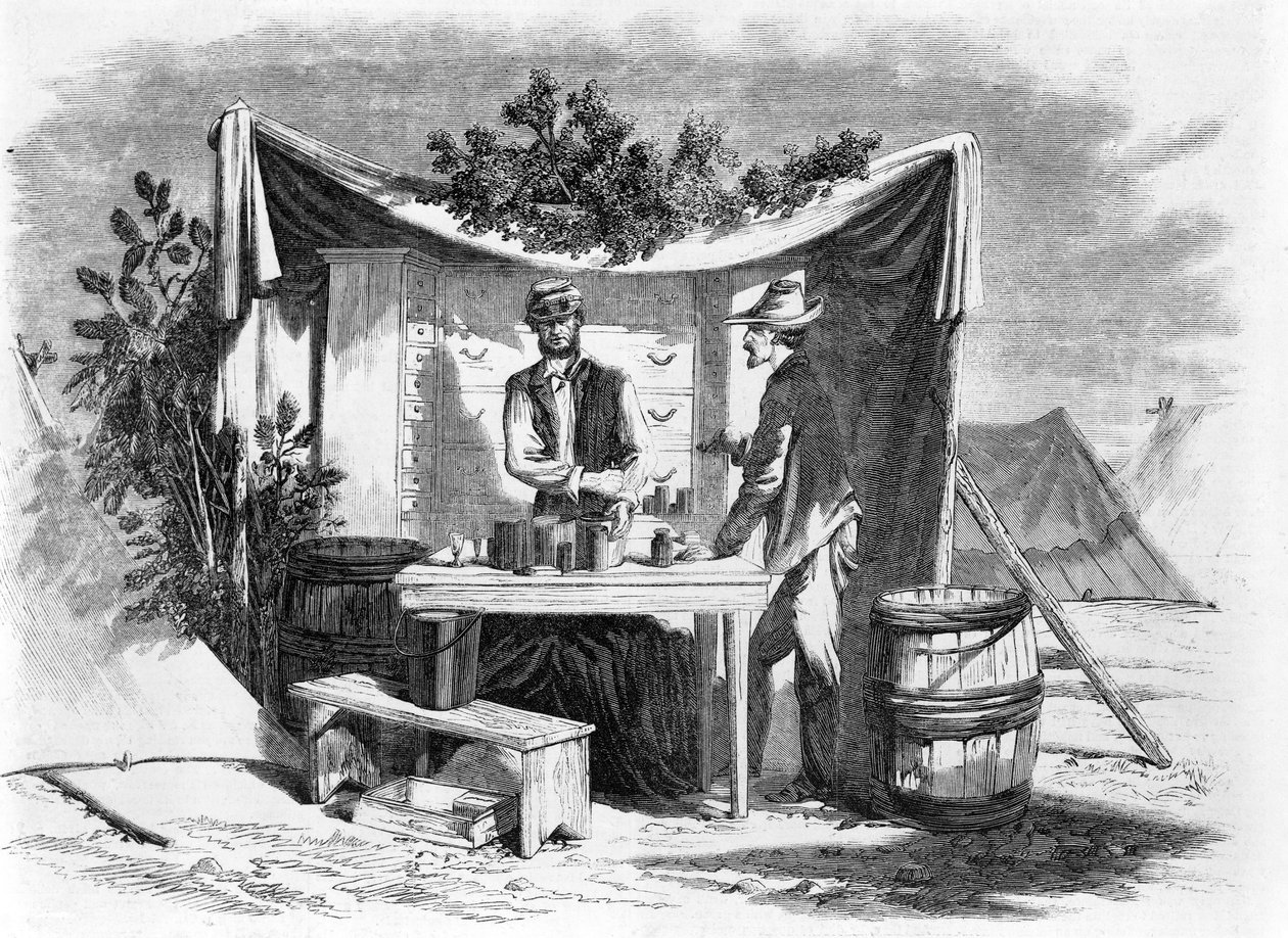 Camp Scenes - an Army Drug Store - Hospital Steward, fra en skisse av vår spesielle kunstner, Joseph Becker, pub. 1864 av Joseph Becker