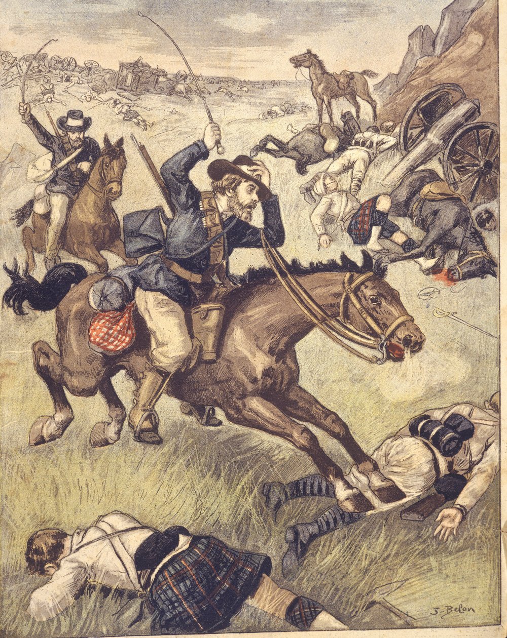 Boer-kommando angriper britisk patrulje under Anglo-Zulu og Anglo-Boer Wars 1850-1902, illustrasjon av Joseph Belon
