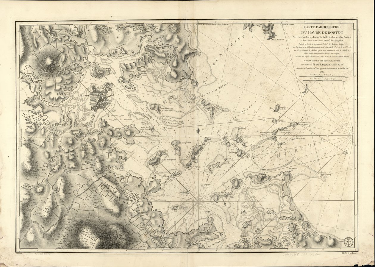 Et spesielt kart over havnen i Boston, som viser sondene, sandstengene, steinene, amaien og andre retninger som er nyttige i navigasjon. av Joseph Bernard; Des Barres Chabert