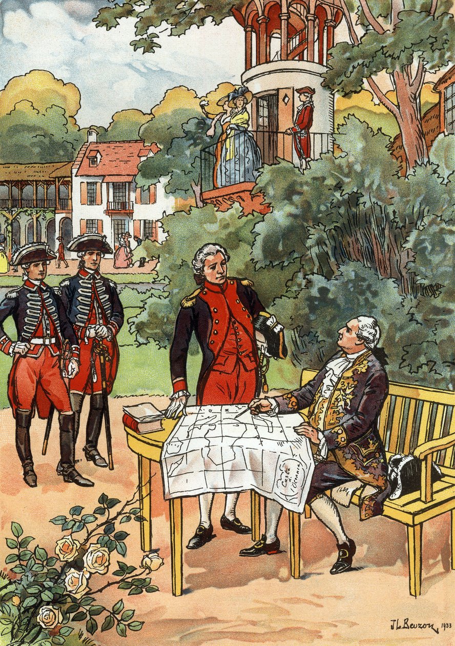 Den franske kongen Louis XVI og navigatøren Jean Francois de Galaup, comte de Laperouse (1741-1788) i 1785, illustrasjon av JL Beuzon 1933 av Joseph Beuzon