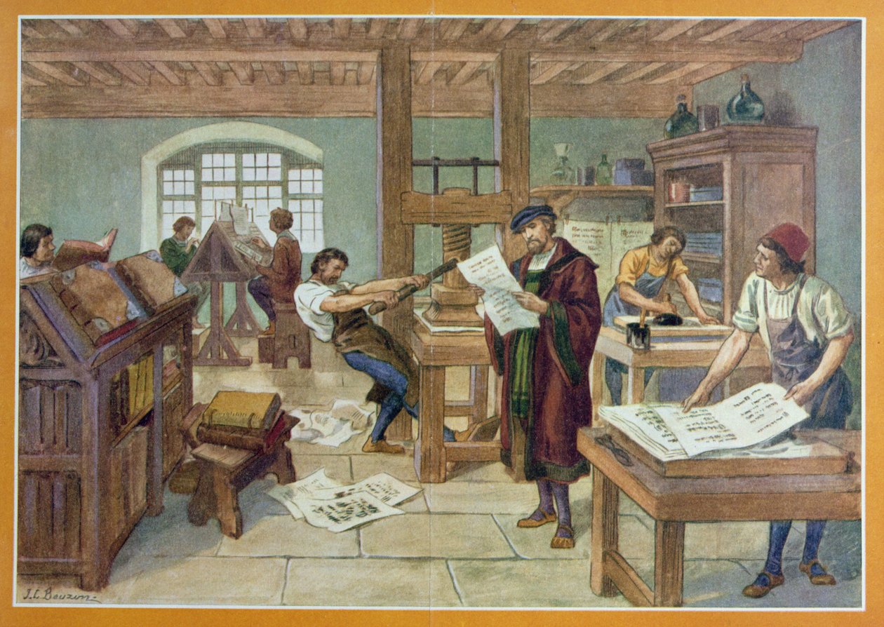 The Invention av Gutenberg av Moveable Type-trykk, illustrasjon fra 