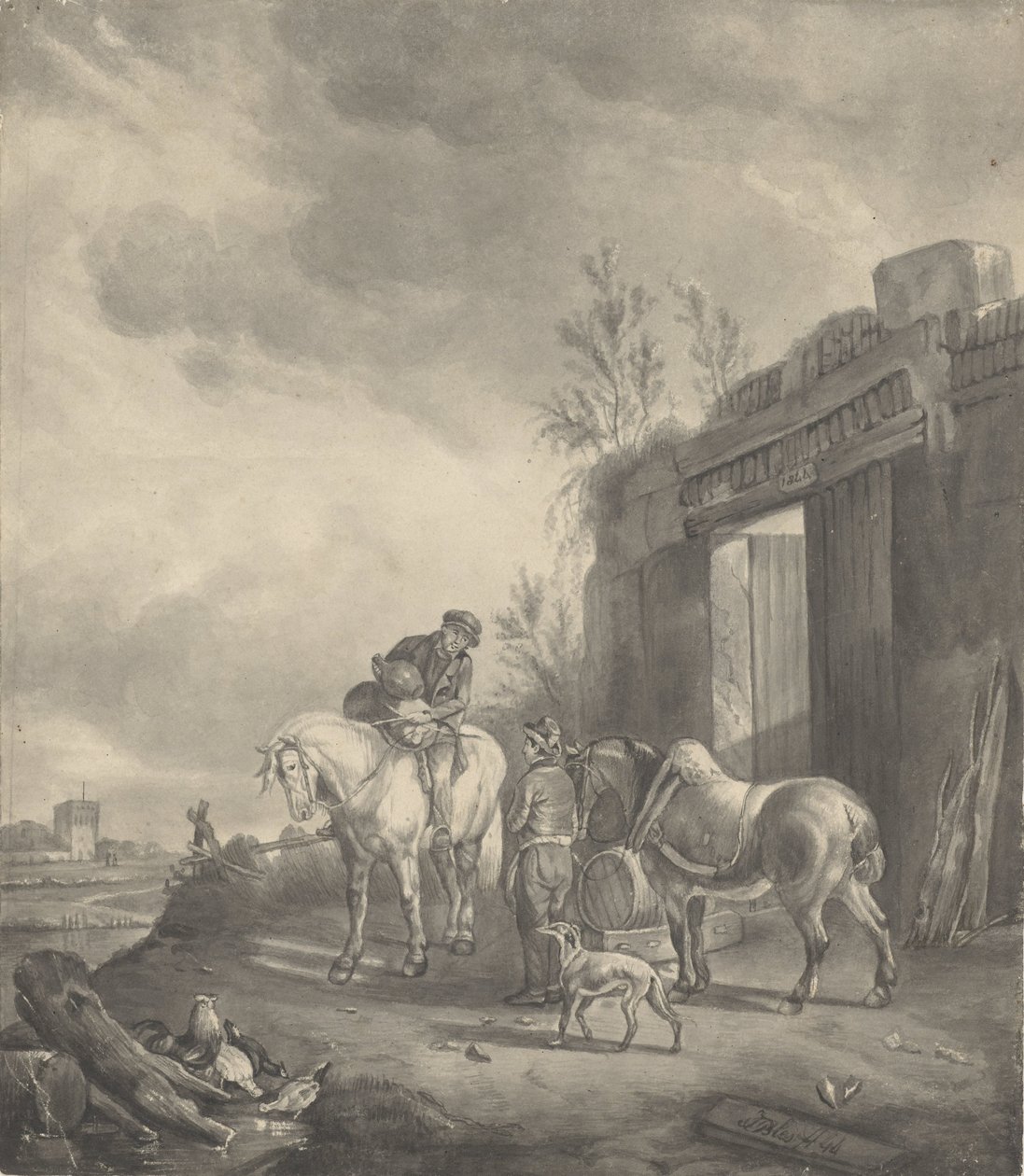 To ryttere ved en falleferdig bygning av Joseph Bles