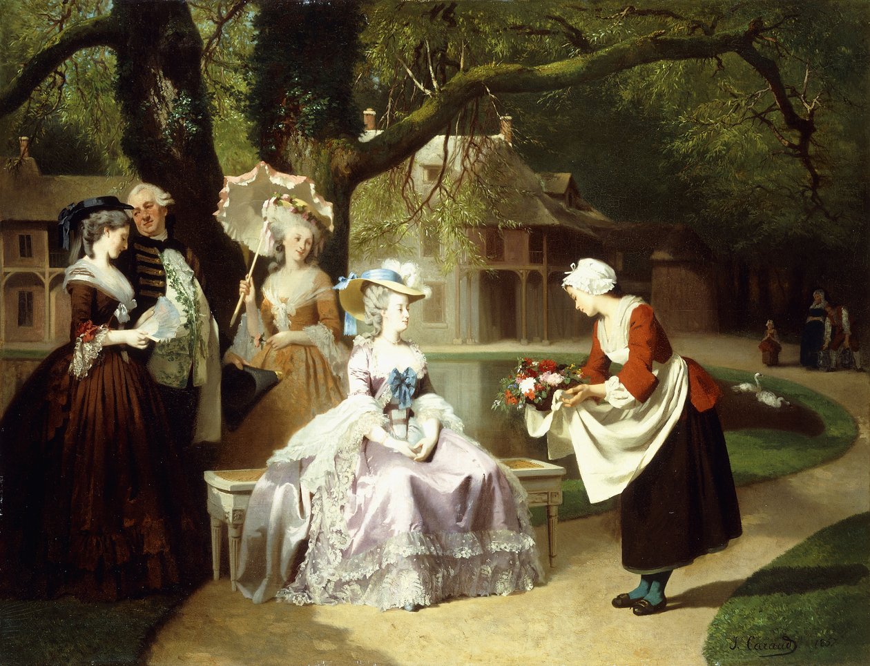 Marie Antoinette og Louis XVI i Tuileries Garden med Madame Lambale, 1857 av Joseph Caraud