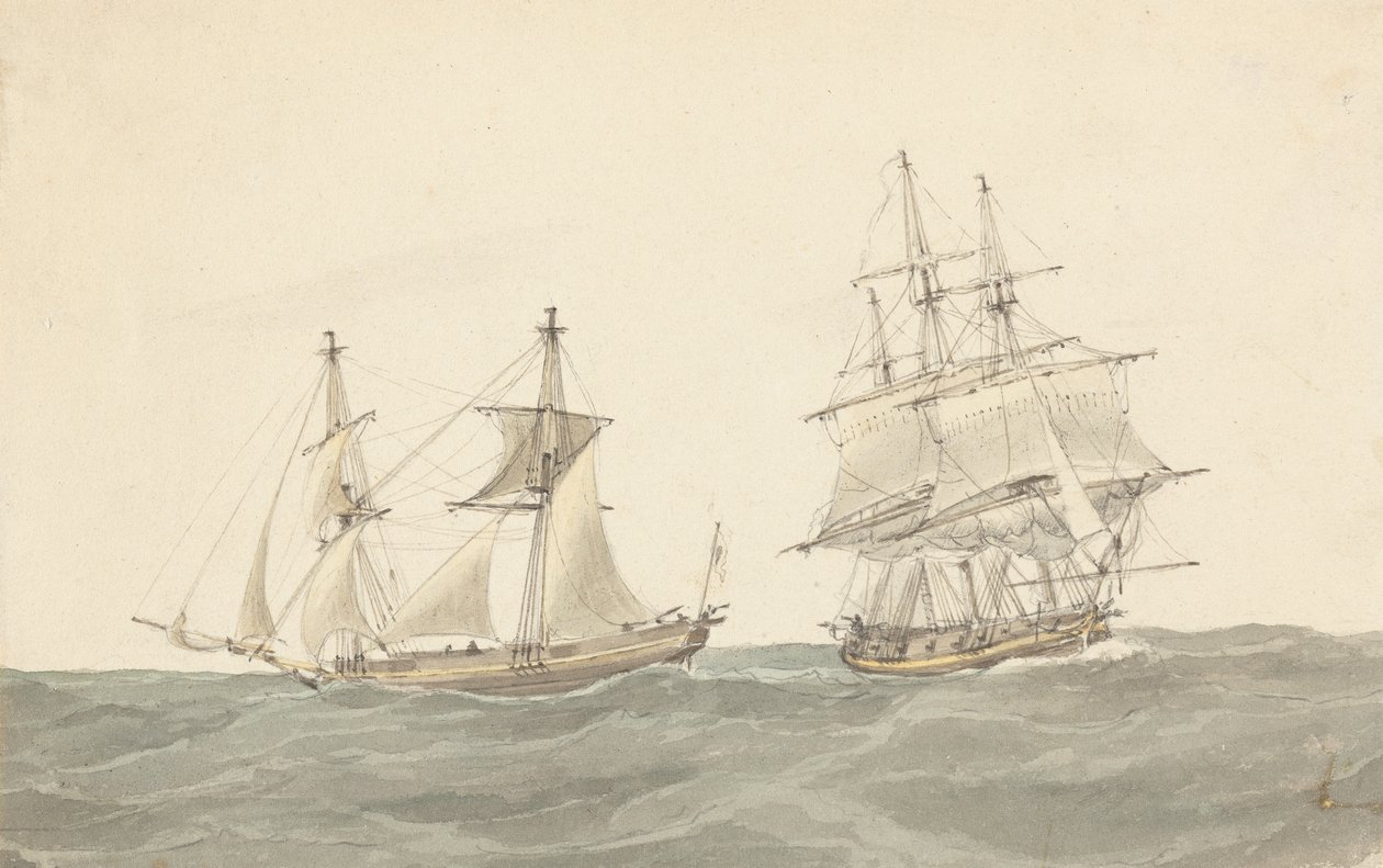 Barquentine og fregatt i tungt hav av Joseph Cartwright