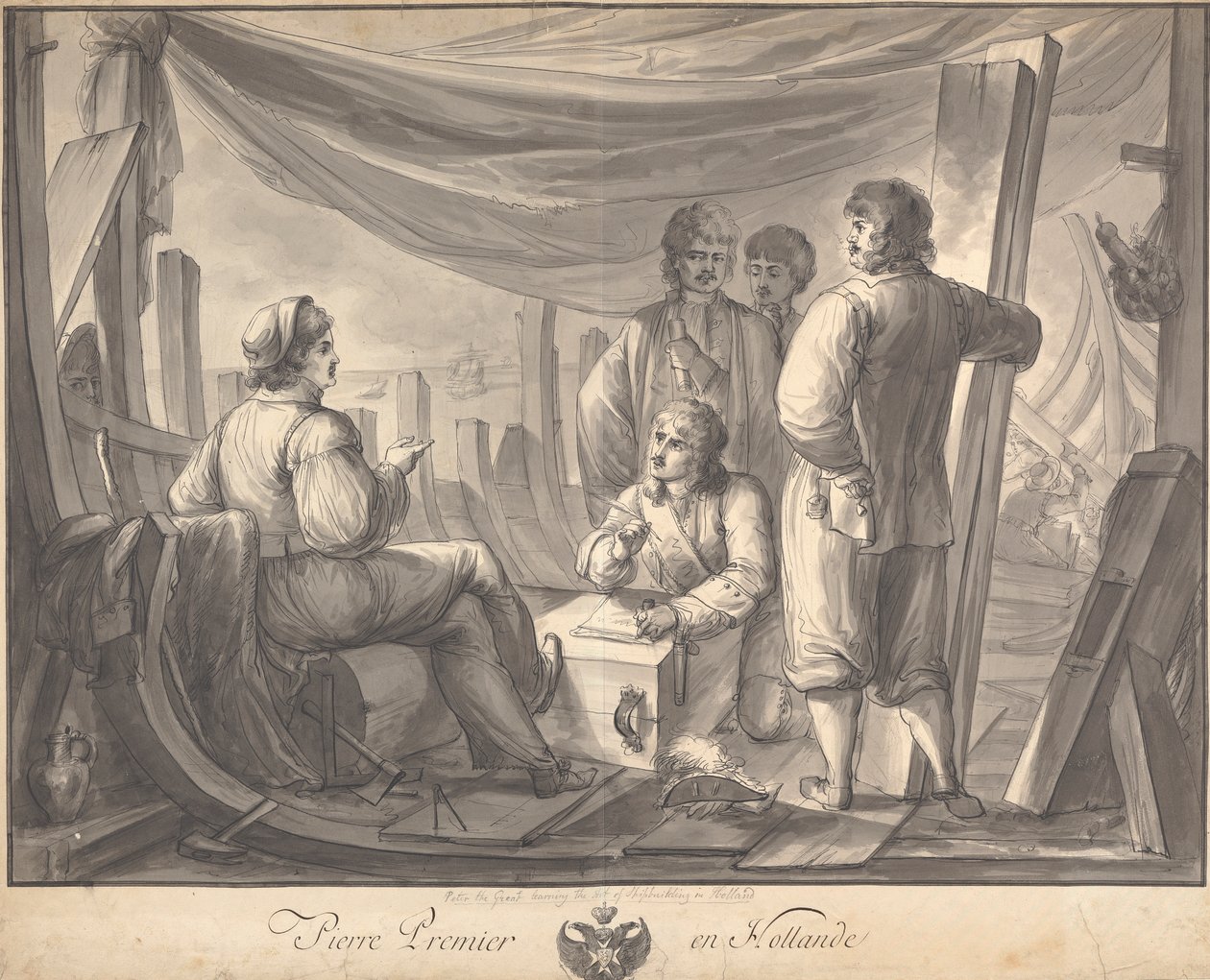 Pierre Premier en Hollande: Scene inne i skipet med Peter den store, tar notater, om skipsbygging av Joseph Cartwright