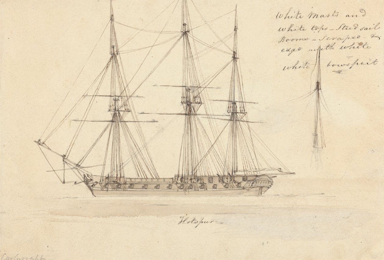 Sidevisning av enkel korvett og toppen av enkelt mast, Hotspur av Joseph Cartwright