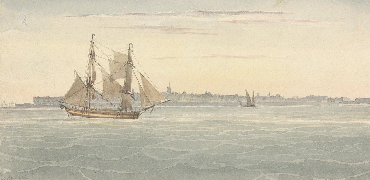 Single Brig (?) Nok et seilfartøy mot omrisset av byen på bakgrunn av Joseph Cartwright