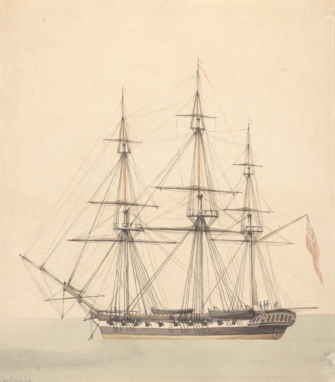 Enkel korvett (?) med tre figurer i marineuniformer og Union Jack av Joseph Cartwright