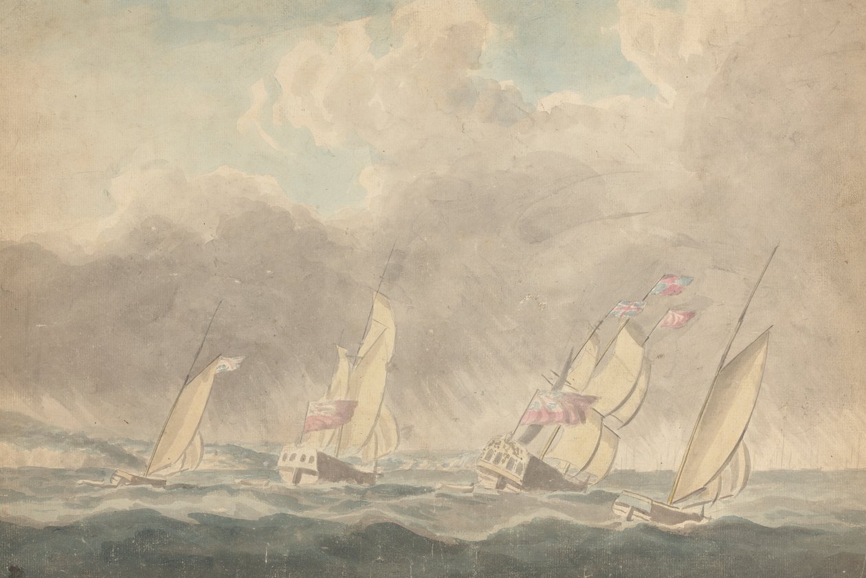 Two Sloops of War, One Barque and One Schooner (?), Sterns Forward, in Heavy Seas; Flere seilfartøy i bakgrunnen av Joseph Cartwright