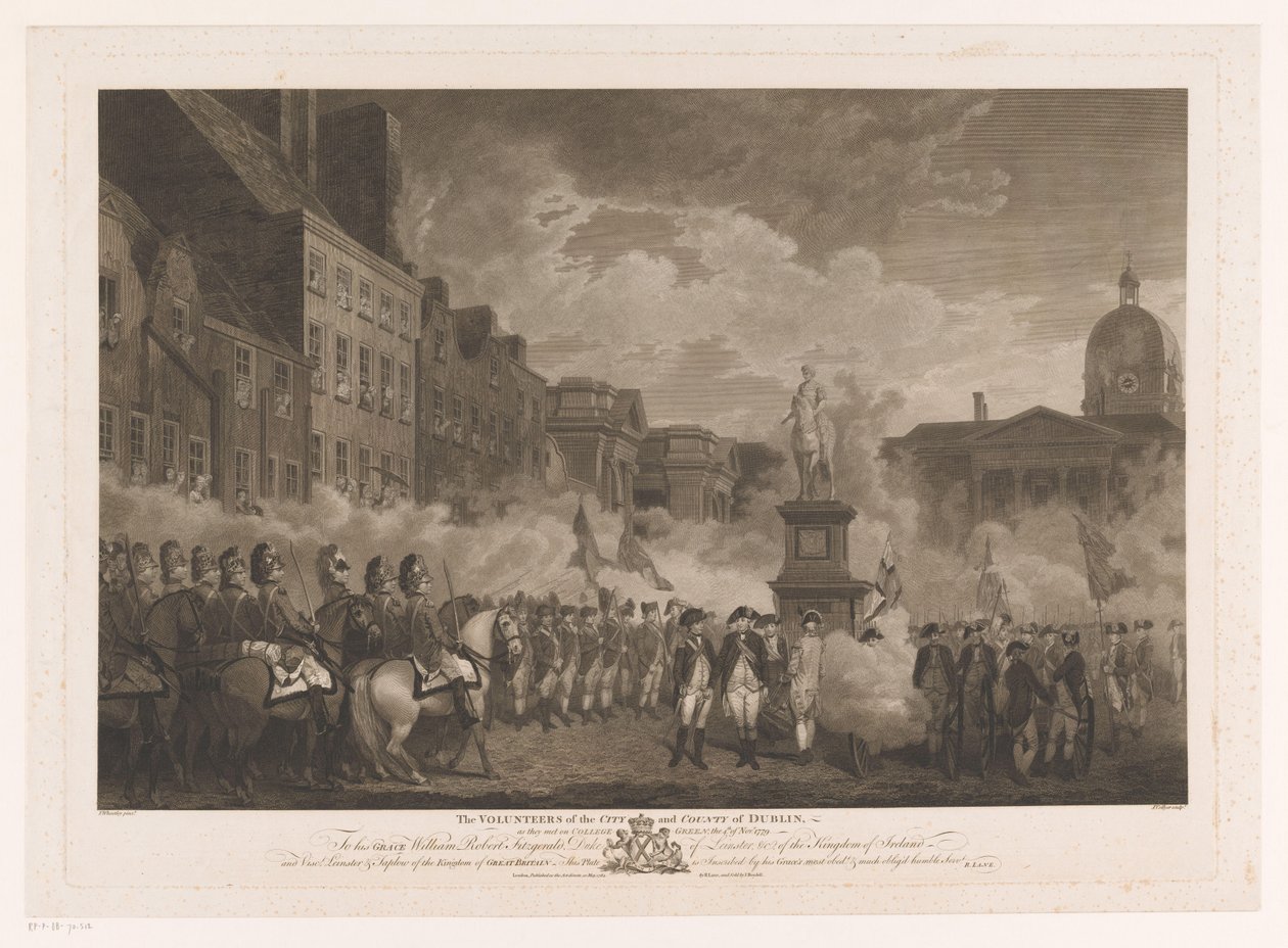Ontmoeting van soldaten på College Green til Dublin The Volunteers of the City and County of Dublin (tittel på objekt) av Joseph Collyer