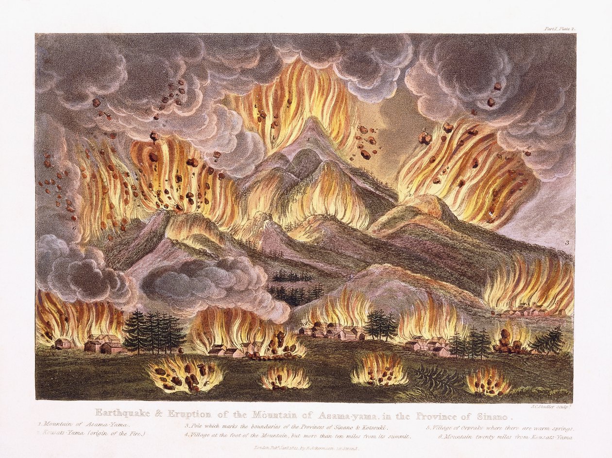 Jordskjelv og utbrudd av fjellet Asama-yama i provinsen Sinano, 1822 av Joseph Constantine Stadler