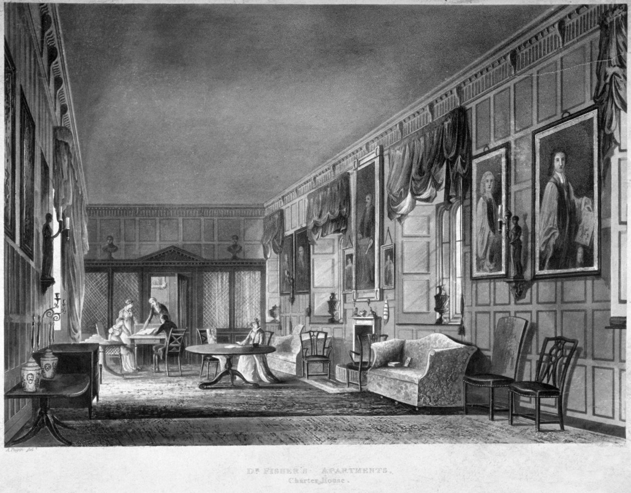 Innvendig visning av Dr Fishers leiligheter, Charterhouse, Finsbury, London, 1816. av Joseph Constantine Stadler