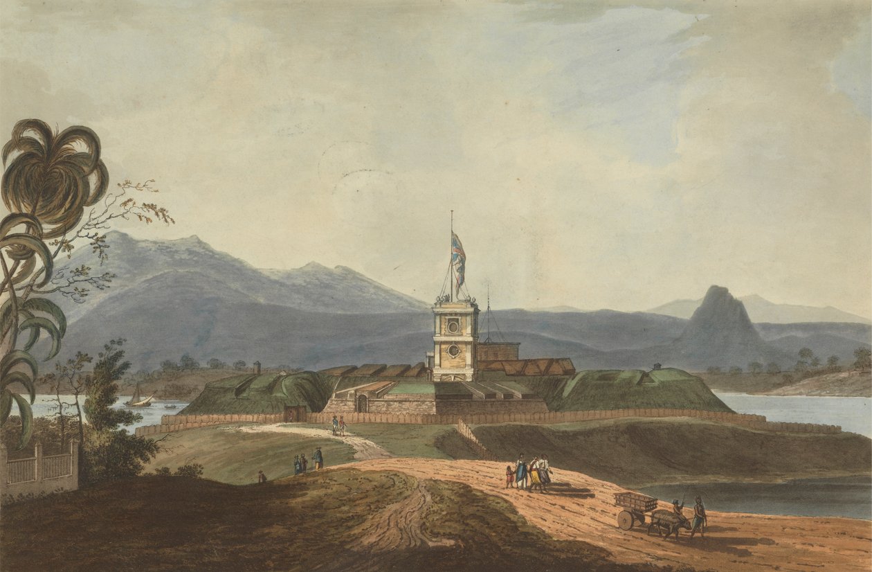 Sørøstutsikt over Fort Marlborough, Benkulen, Sumatra, 1799 av Joseph Constantine Stadler