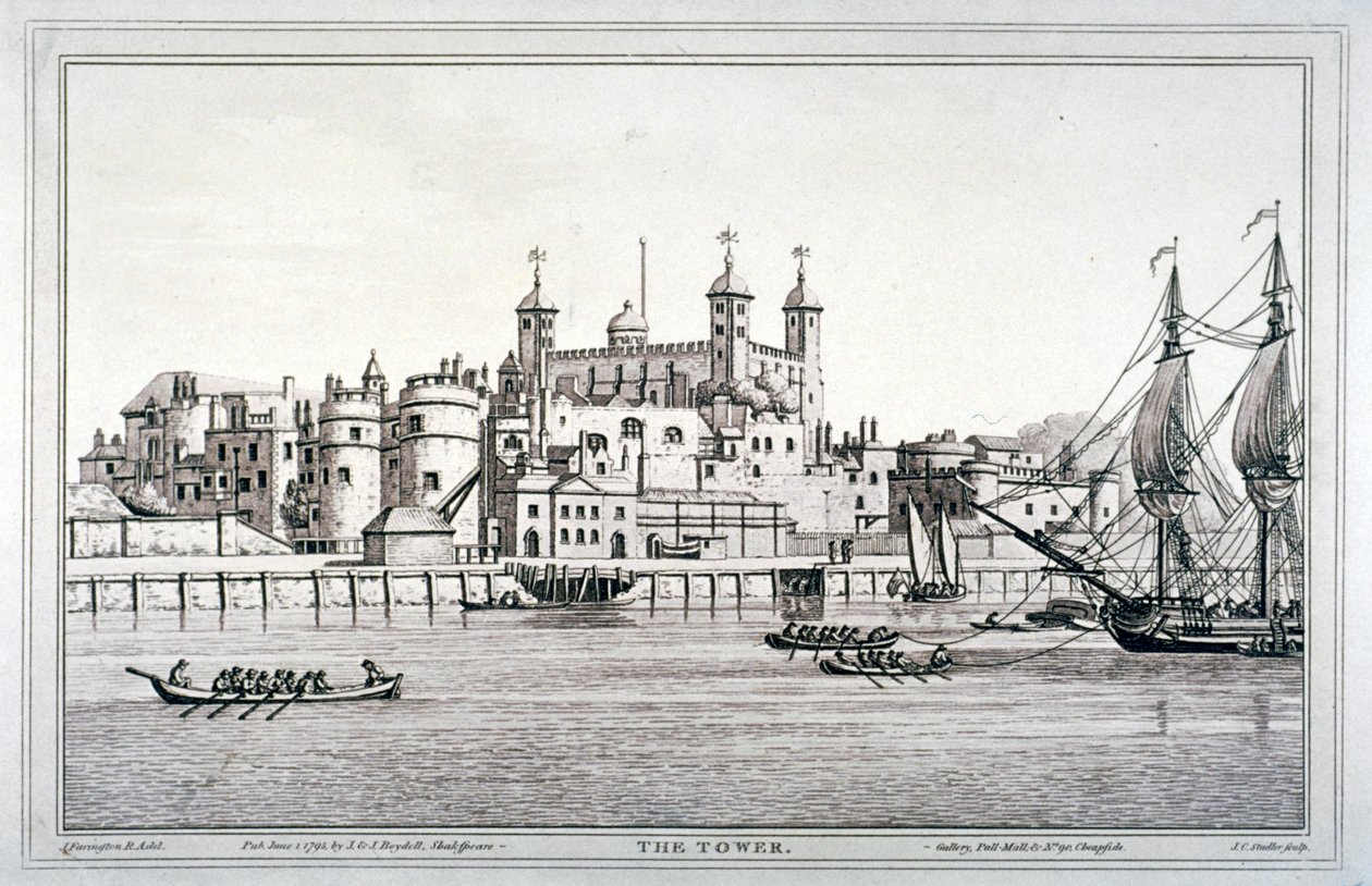 Sørutsikt over Tower of London med båter på Themsen, 1795 av Joseph Constantine Stadler