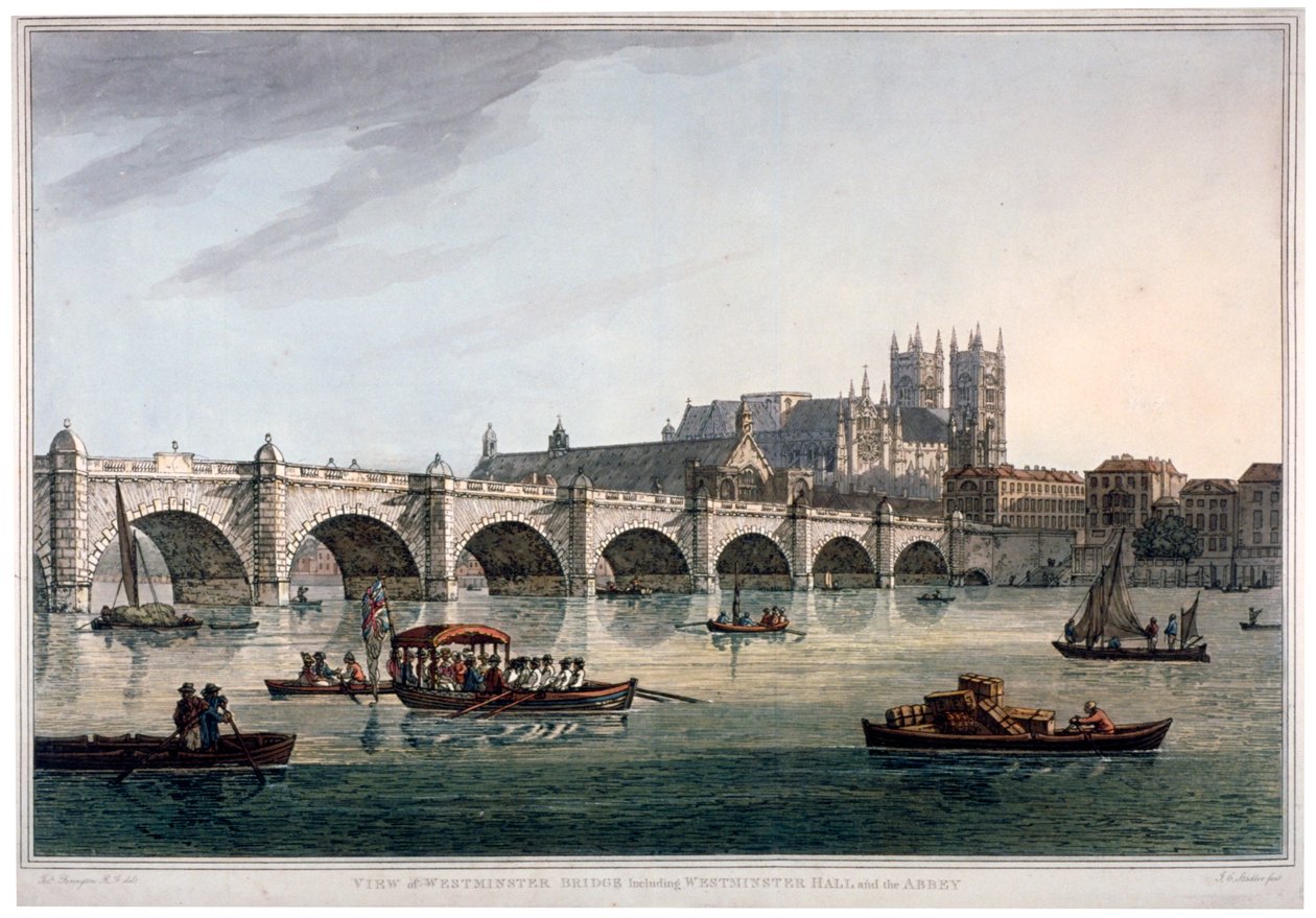Westminster Bridge, Westminster Abbey og Westminster Hall, London, 1789. av Joseph Constantine Stadler