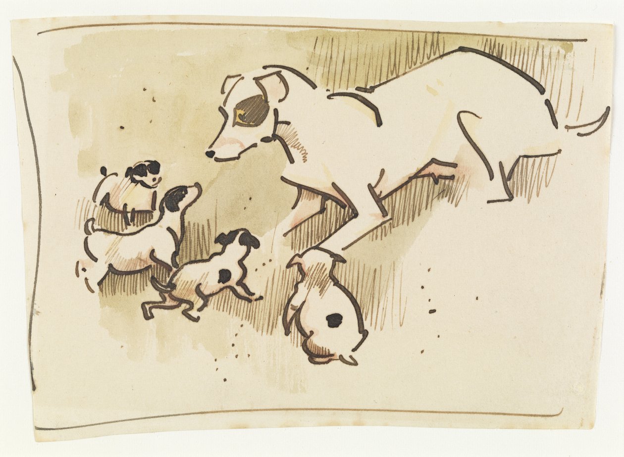 Fox Terrier og valper (penn og vask på papir) av Joseph Crawhall
