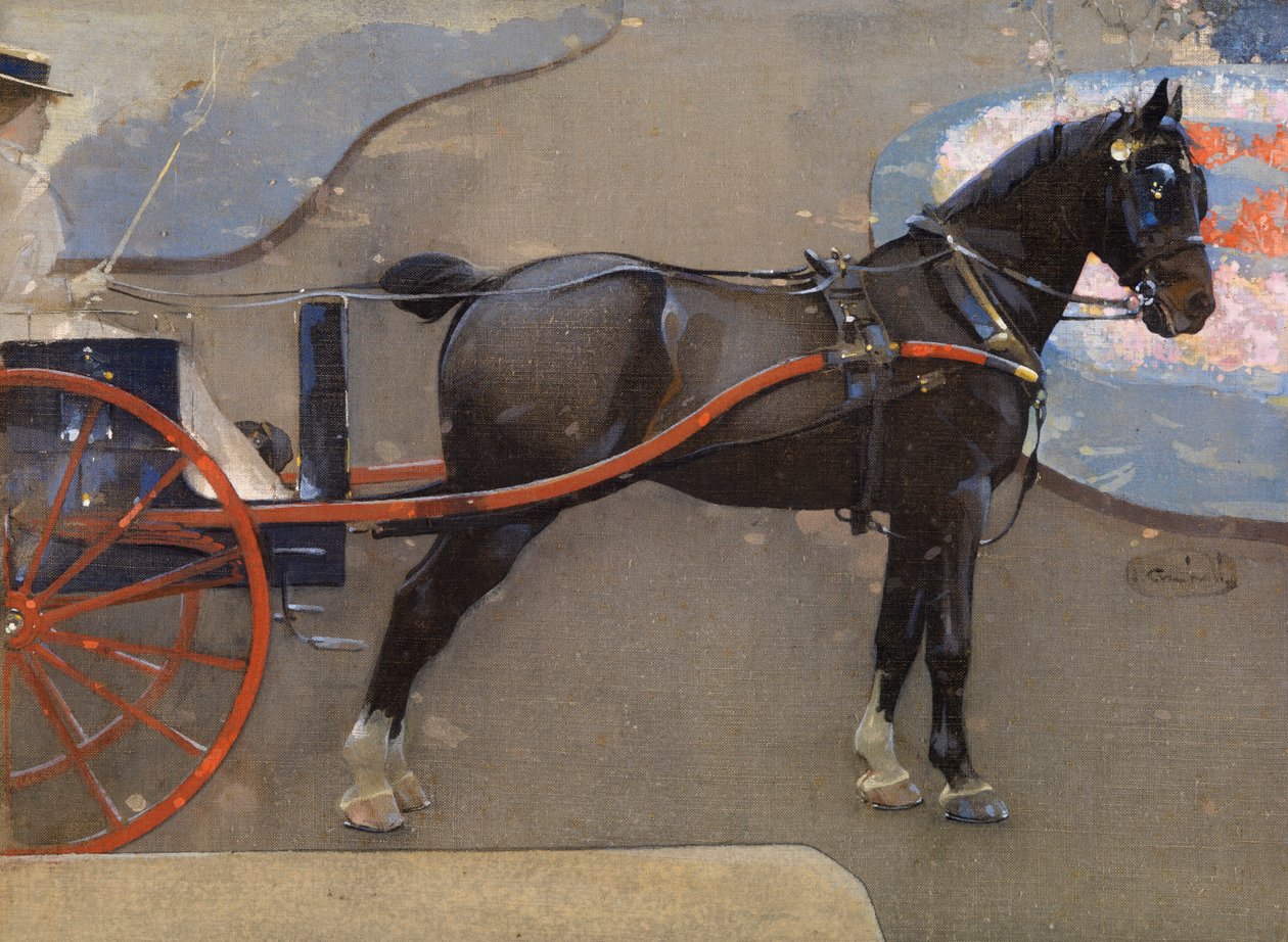 Hest og vogn med dame (akvarell og gouache på lin) av Joseph Crawhall