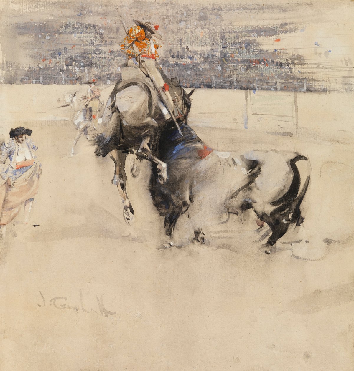Tyrekampen ved Algeciras (akvarell med kroppsfarge på papir) av Joseph Crawhall