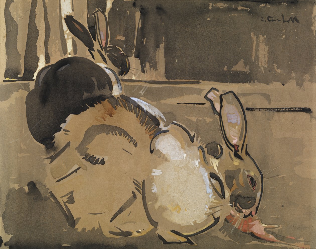 To kaniner, en spiser gulrøtter (vask og kroppsfarge på papir) av Joseph Crawhall