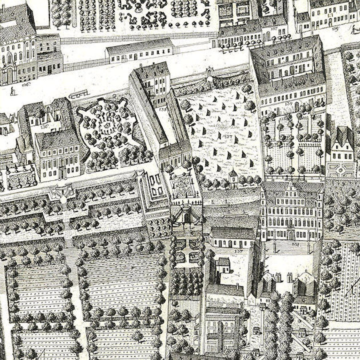 Detalj av et kart over Wien som viser 135 Alsergrund der Mozart og hans familie bodde i 1788 (etsing og gravering) av Joseph Daniel Huber