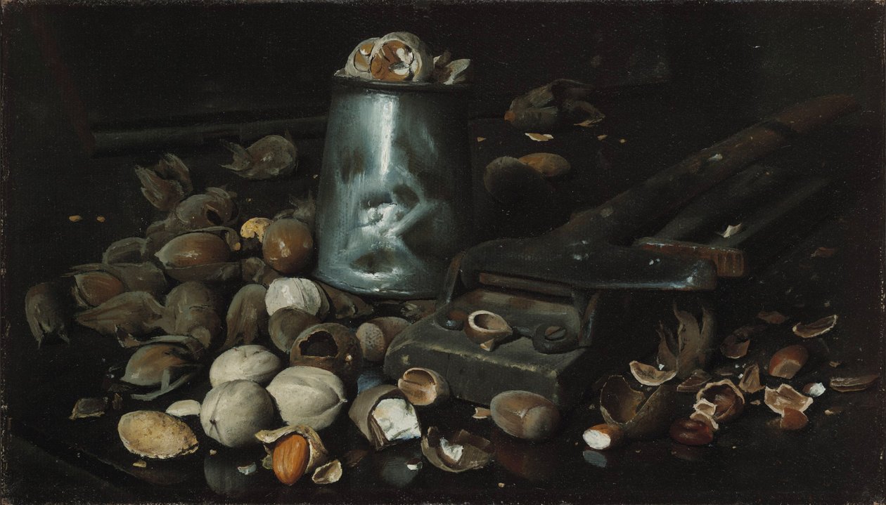 Stilleben med blikkboks og nøtter, ca. 1886 av Joseph Decker