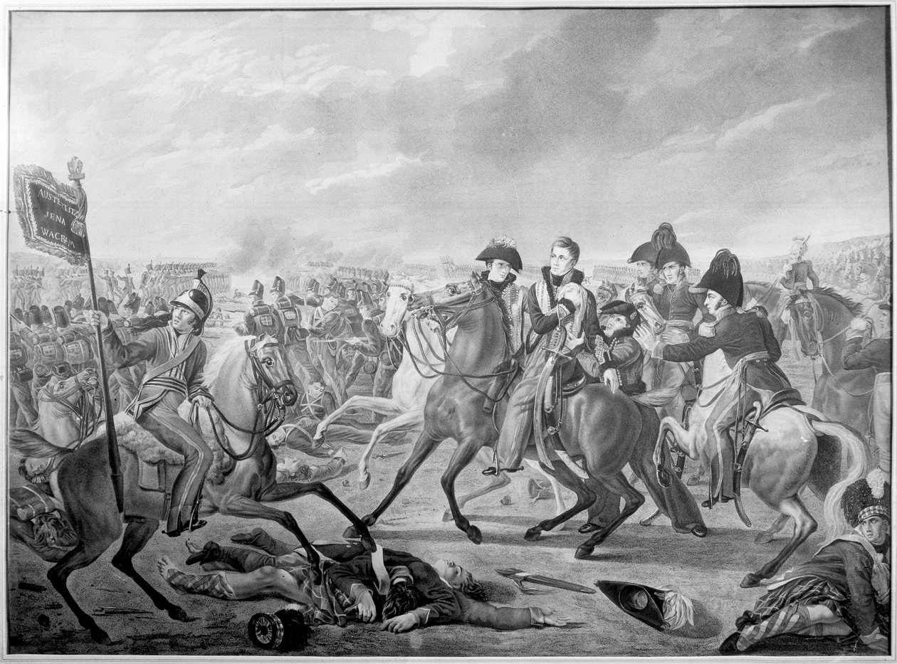 HKH William Prince of Orange såret i seiersøyeblikket i det minneverdige slaget ved Waterloo, 1815, publisert 1816 av Joseph Denis after Odevaere