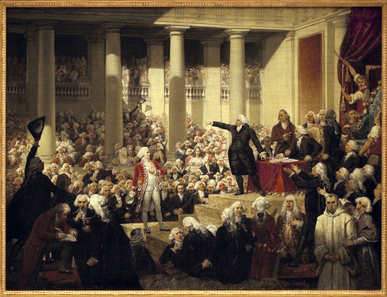 Fransk revolusjon: Honore Gabriel (Honore-Gabriel) Riqueti, greve av Mirabeau (1749-1791) før Monsieur de Henri Evrard (Henri-Evrard), markis av Dreux Breze (Dreux-Breze) (1762-1829) ved Deputerteforsamlingen , 23. juni av Joseph Desire Court