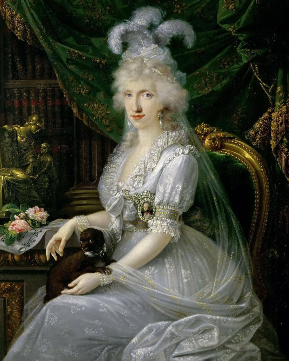 Norsk: Marie Luise (Ludovica) av Napoli og Sicilia (1773–1802), kone til Ferdinand III av Toscana, sittende ved et bord, knelangt portrett Luisa Maria Amelia Teresa av Napoli og Sicilia, prinsesse av Napoli og Sicilia (1773–1802), storhertuginnegemalinne a av Joseph Dorffmeister
