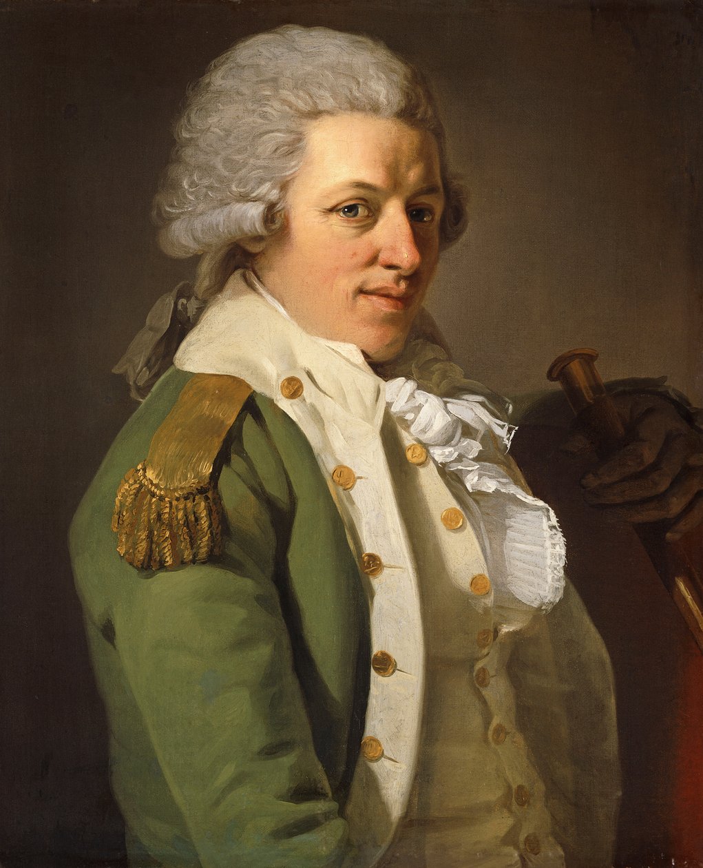 Portrett av kunstneren, halv lengde, iført en grønn jakke og holder en stokk, av Joseph Ducreux
