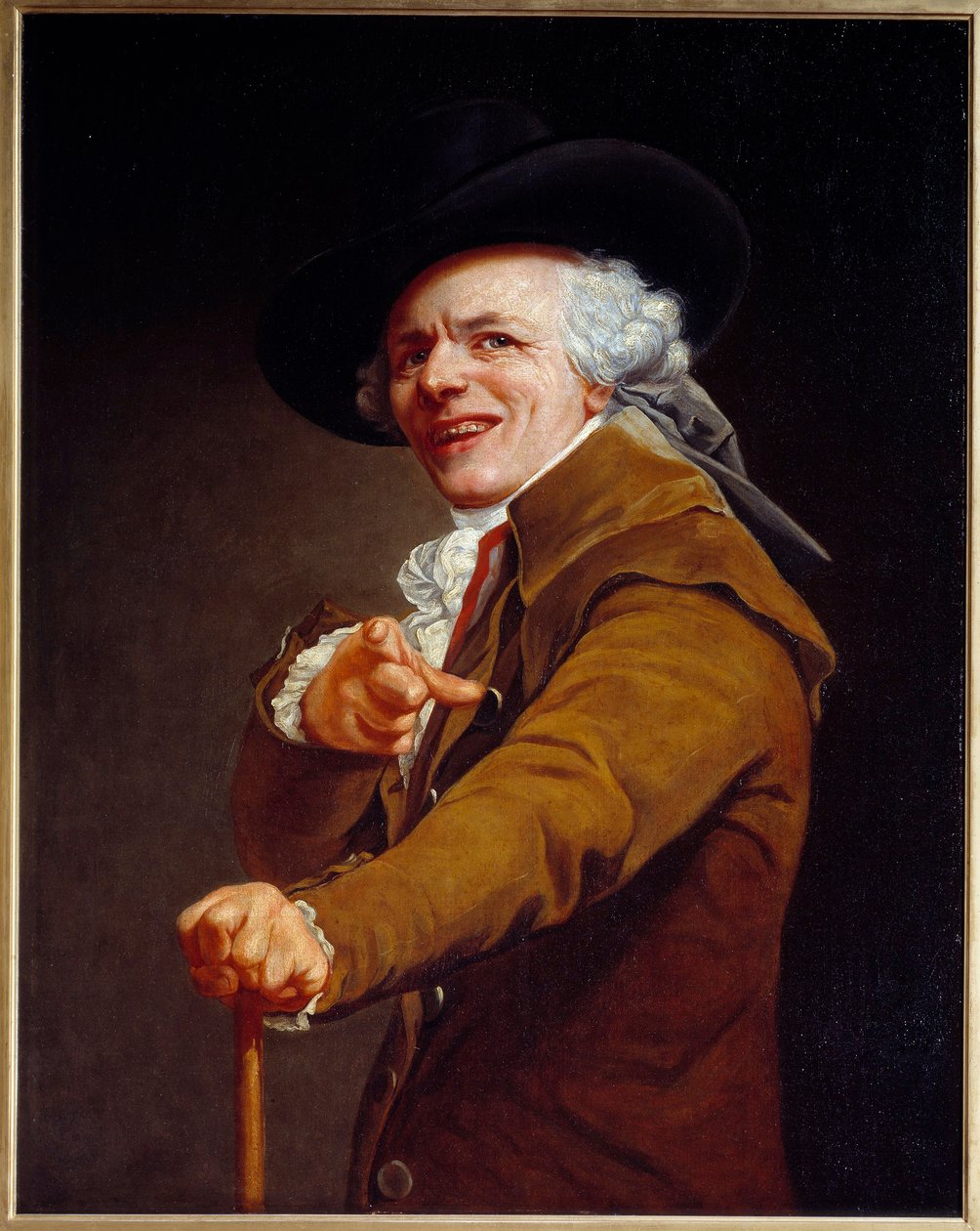 Selvportrett av kunstneren under trekkene til en spotter Maleri av Joseph Ducreux (1735-1802) 1802 Søn. 0,91x0,72 m - Selvportrett av kunstneren med et hånende ansikt. Maleri av Joseph Ducreux (1735-1802) 1802. 0,91 x 0,72 m. Louvre-museet, Paris av Joseph Ducreux