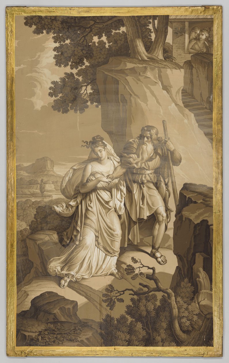 Tapet, panel, som viser Les Amours de Psyche: Psyche på steinhuggede trapper, i grisaille-toner av Joseph Dufour