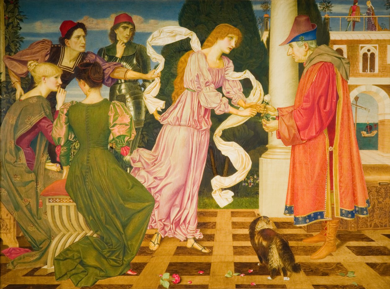 Skjønnhet som mottar den hvite rosen fra sin far, 1899. av Joseph Edward Southall