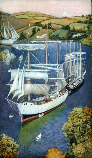 Brigger on the Fowey Estuary, ca. 1929 (olje på panel) av Joseph Edward Southall