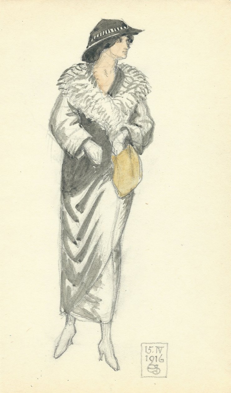 Fasjonabel dame, 15.IV.1916, 1916 (penn og blekk og wc på papir) av Joseph Edward Southall