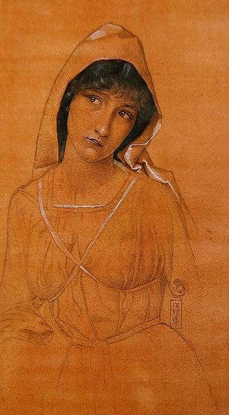 Jente med kappe (blyant og akvarell på papir) av Joseph Edward Southall