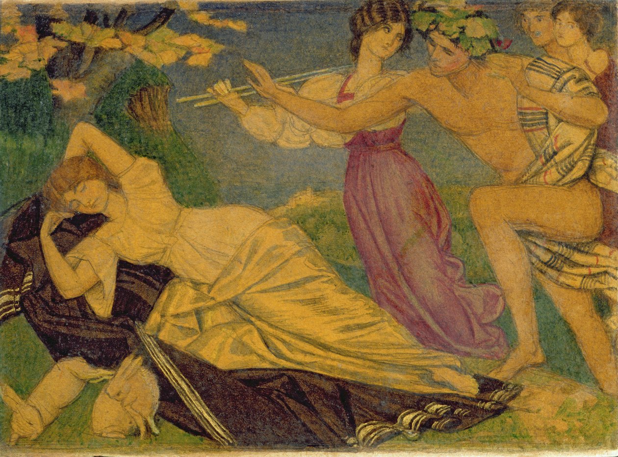Studie for Bacchus og Ariadne, ca. 1912 (wc over blyant på kort) av Joseph Edward Southall