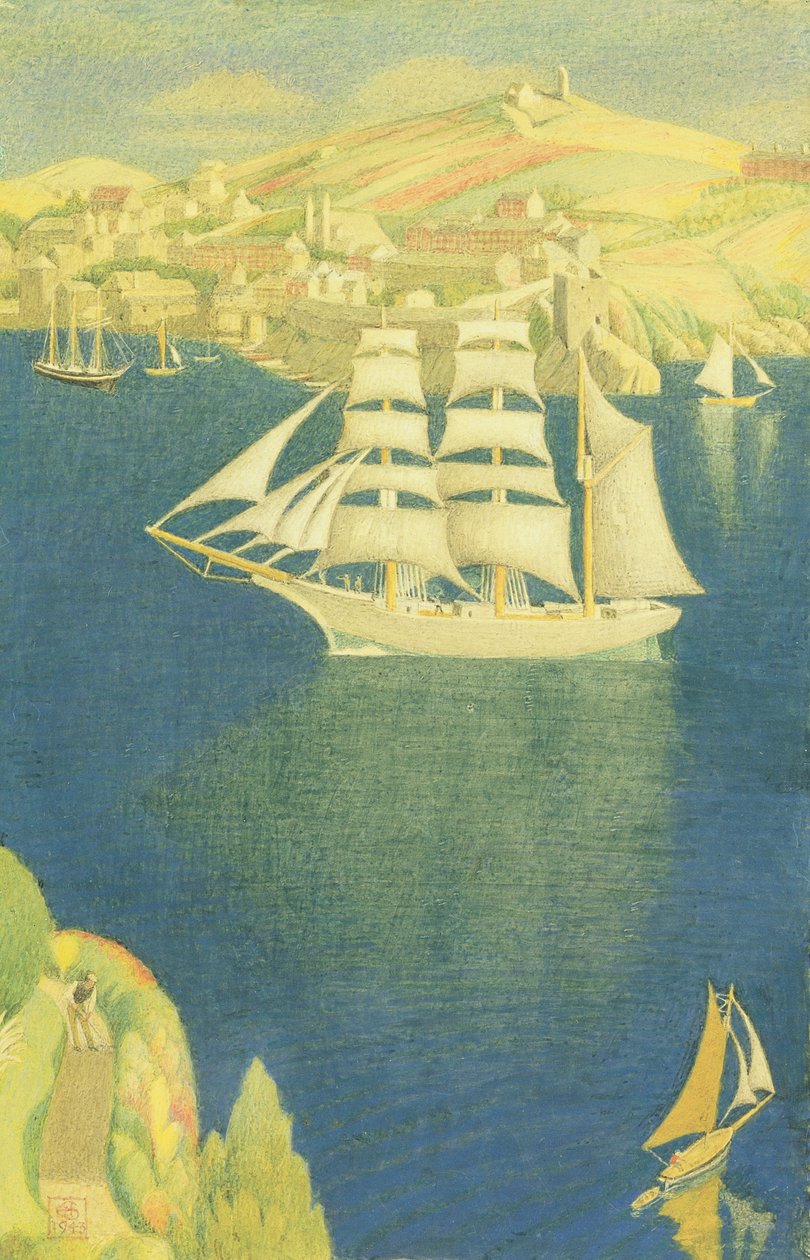 The White Barque at Fowey, 1943 (tempera om bord) av Joseph Edward Southall