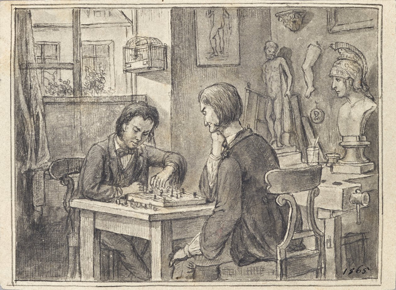 Sjakkspillerne i billedhuggerens atelier av Joseph Eugen Hörwarter