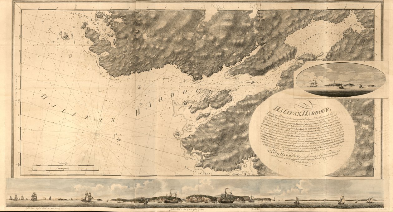Havkysten av Nova Scotia; viser mangfoldet av kysten, og ansiktet til landet nær den: bredder, steiner, stimer, sonderinger, etc. Sammen med merknader og anvisninger for enkel navigasjon og los. av Joseph F. W. Des Barres